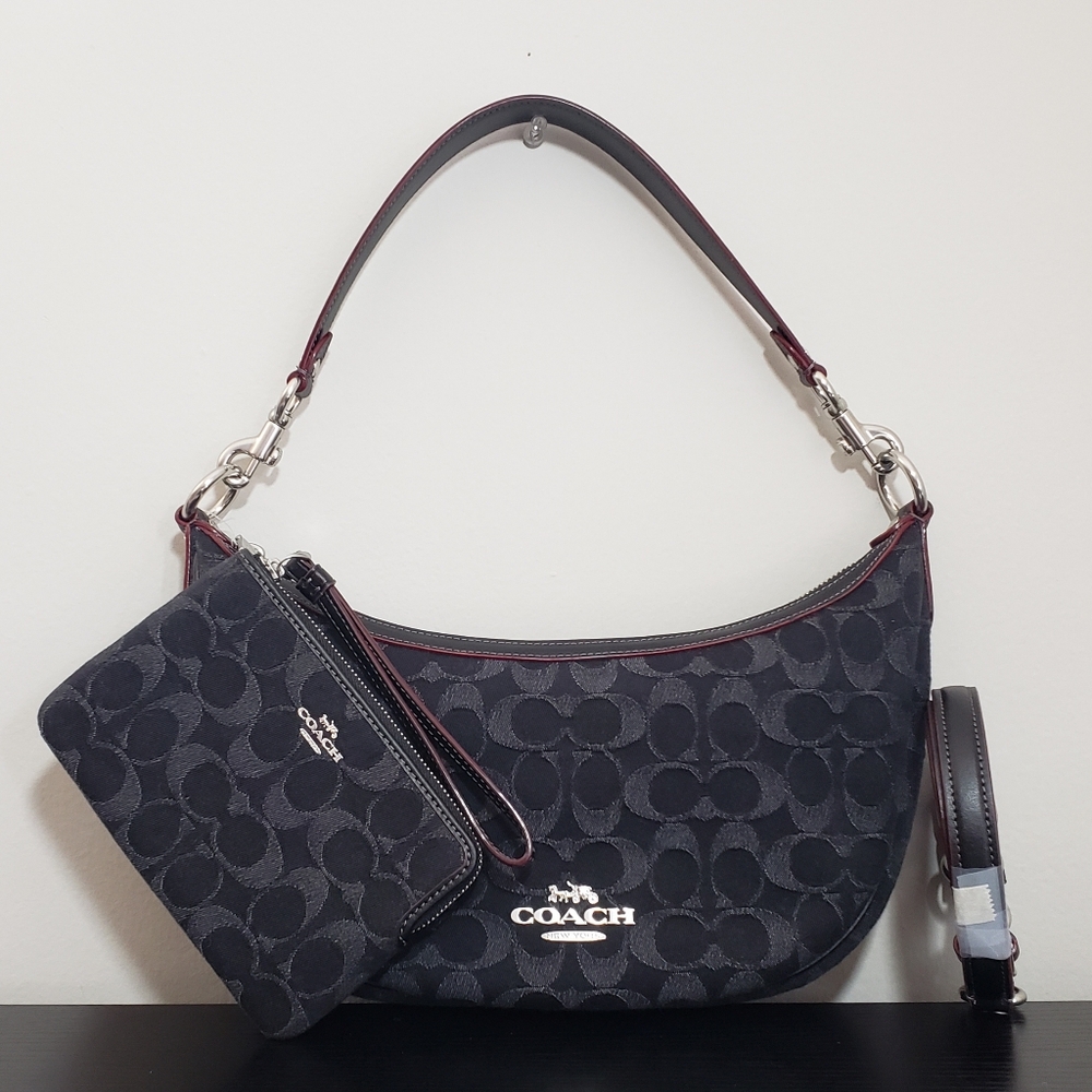 NWT COACH SIGNATURE CANVAS BLACK DENIM ARIA SHOULDER BAG & MATCHING WRISTLET SET